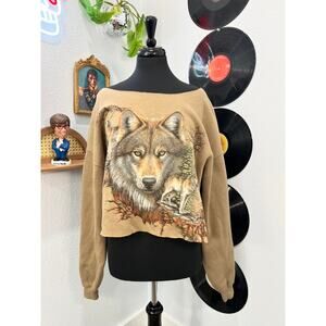 Hand-Cut Cropped Wolf Graphic Sweatshirt | Raw Neckline | Vintage Feel